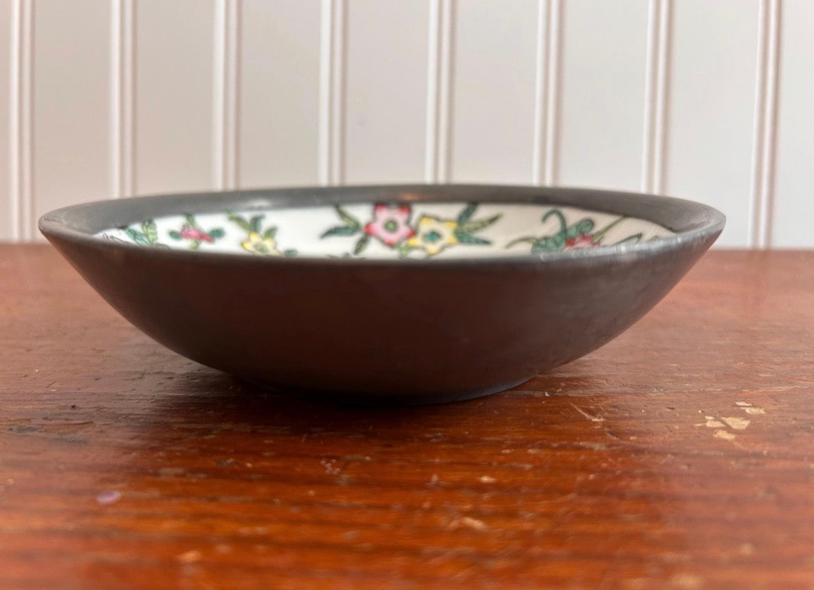 Vintage Floral Porcelain Dish with Pewter Wrap