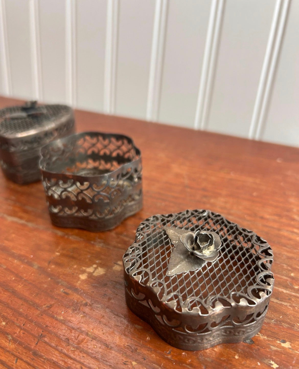 Vintage Metal Heart Trinket Boxes – Set of 2 Pierced Rose Keepsake Boxes