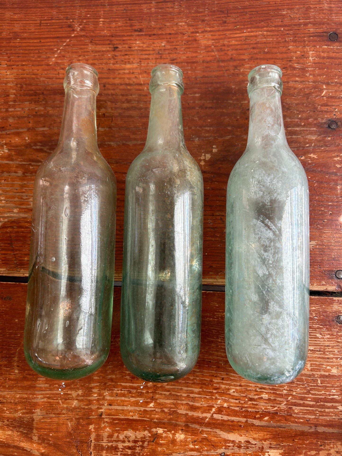 Antique Aqua Torpedo Bottles – Set of 3 – Round Bottom Dug Glass, 10”