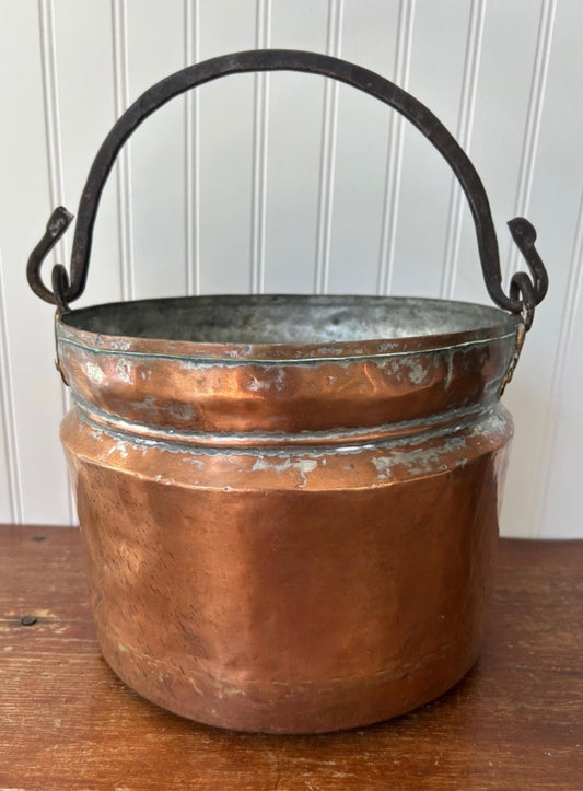 Antique Hand-Forged Copper Cauldron with Iron Handle