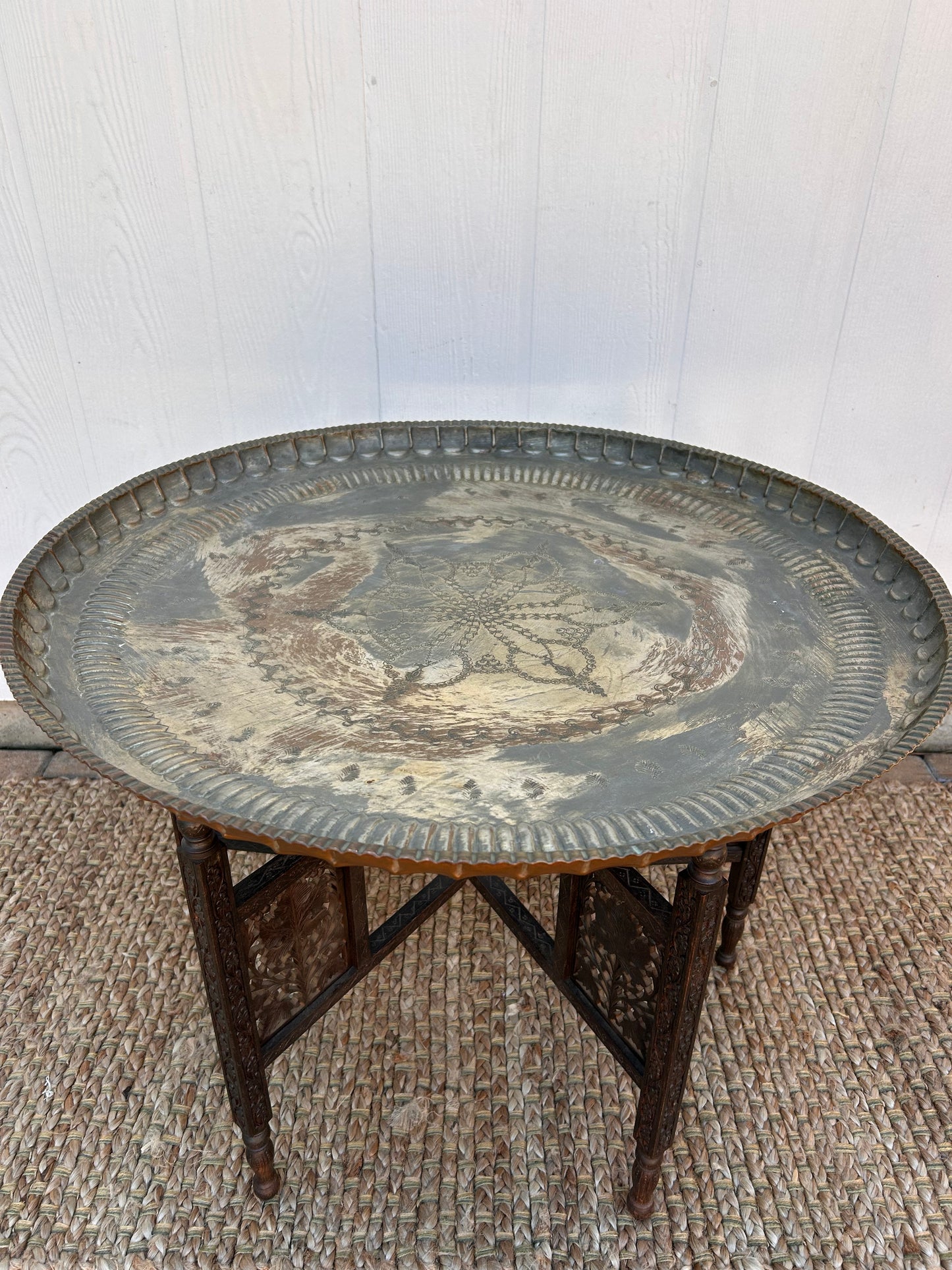 Antique Copper Tray Table with Carved Folding Wood Base