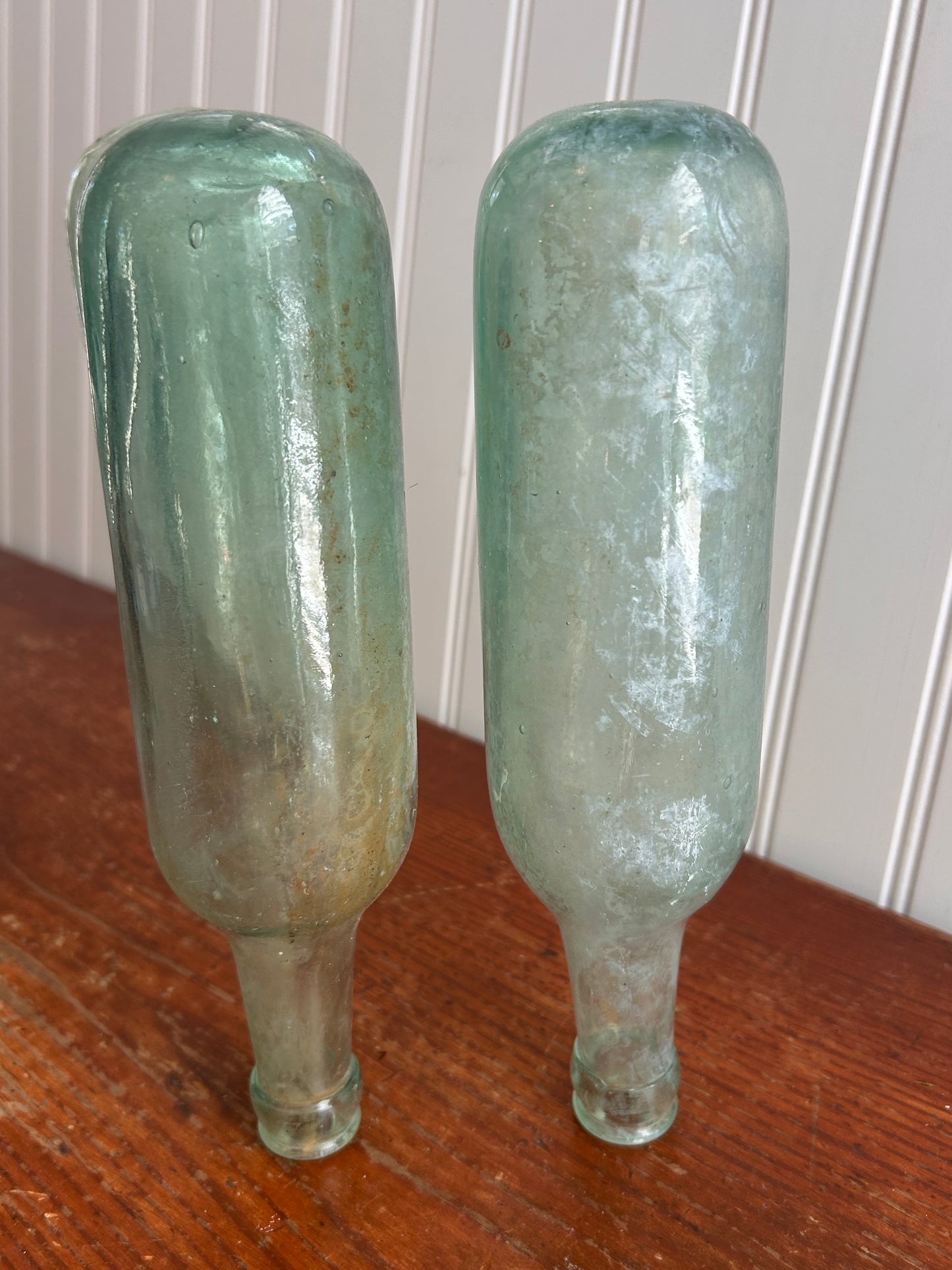 Antique Aqua Torpedo Bottles – Set of 3 – Round Bottom Dug Glass, 10”