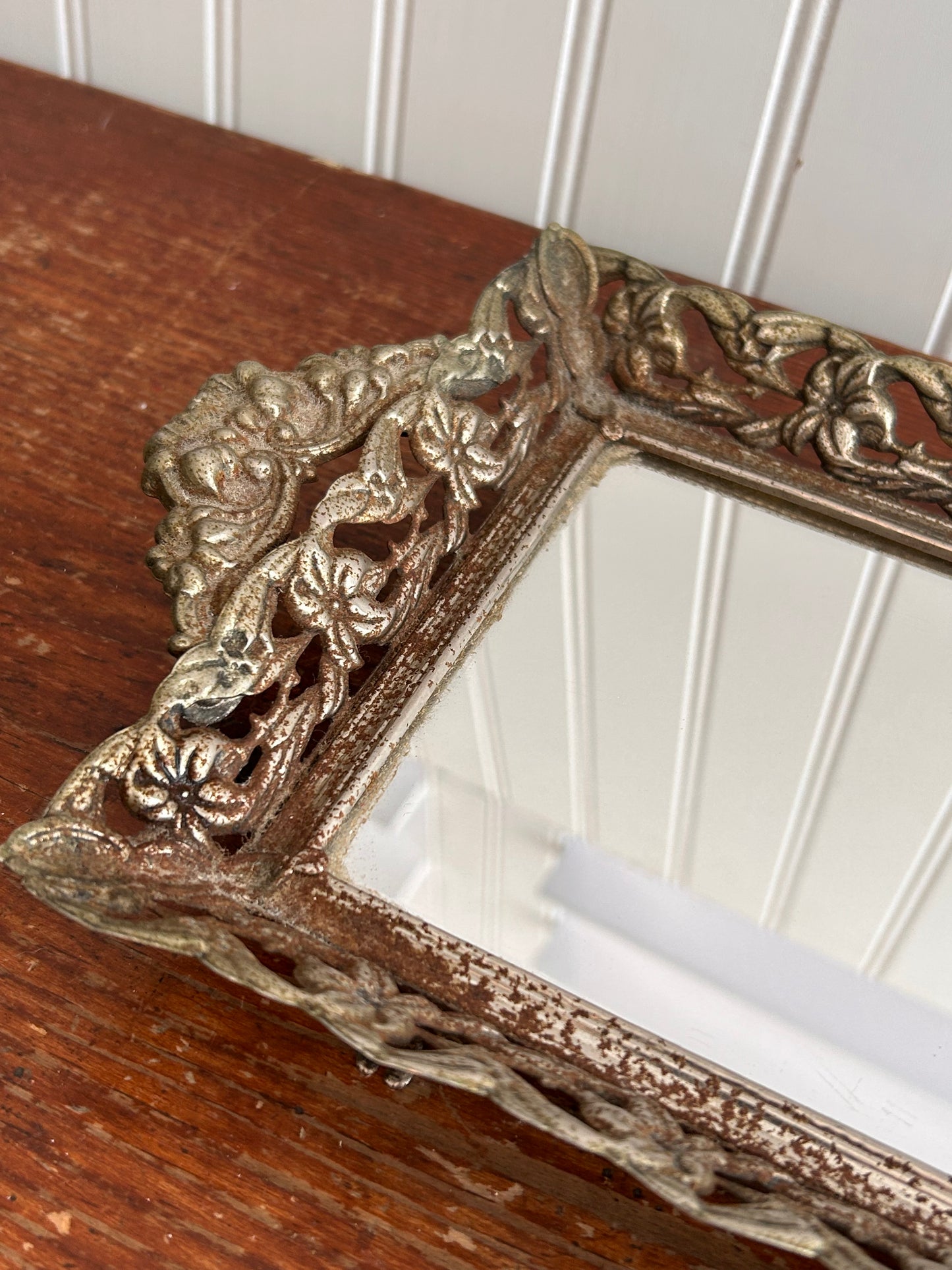 Antique Footed Vanity Mirror | Ornate Frame | 20.25” x 6.75”