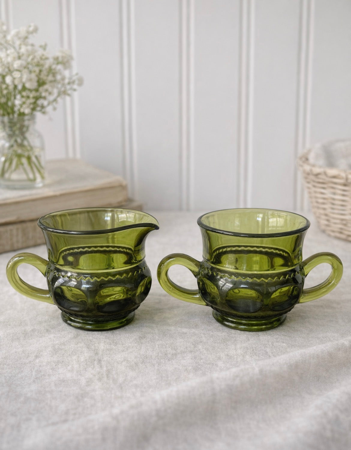Indiana Glass Kings Crown Thumbprint Sugar & Creamer Set – Vintage Olive Green Pressed Glass