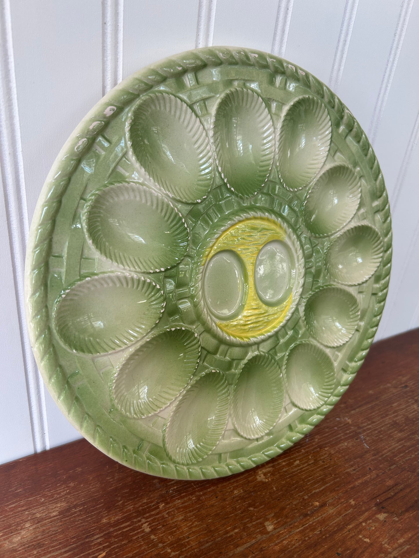 Vintage Japanese Ceramic Deviled Egg Plate – 11” Green Glaze