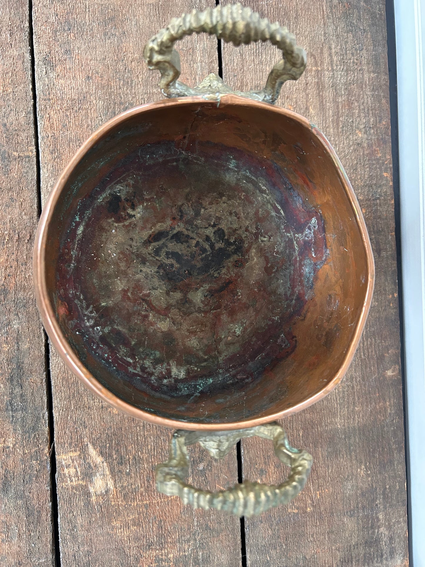 Antique Copper Cachepot with Brass Lion Handles