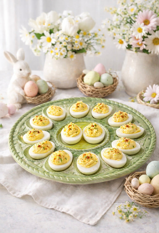 Vintage Japanese Ceramic Deviled Egg Plate – 11” Green Glaze