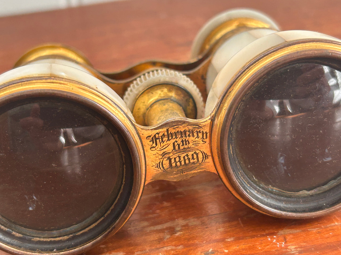 Antique Engraved Opera Glasses – Mother of Pearl & Brass – Dated February 6, 1869 – Victorian Collectible