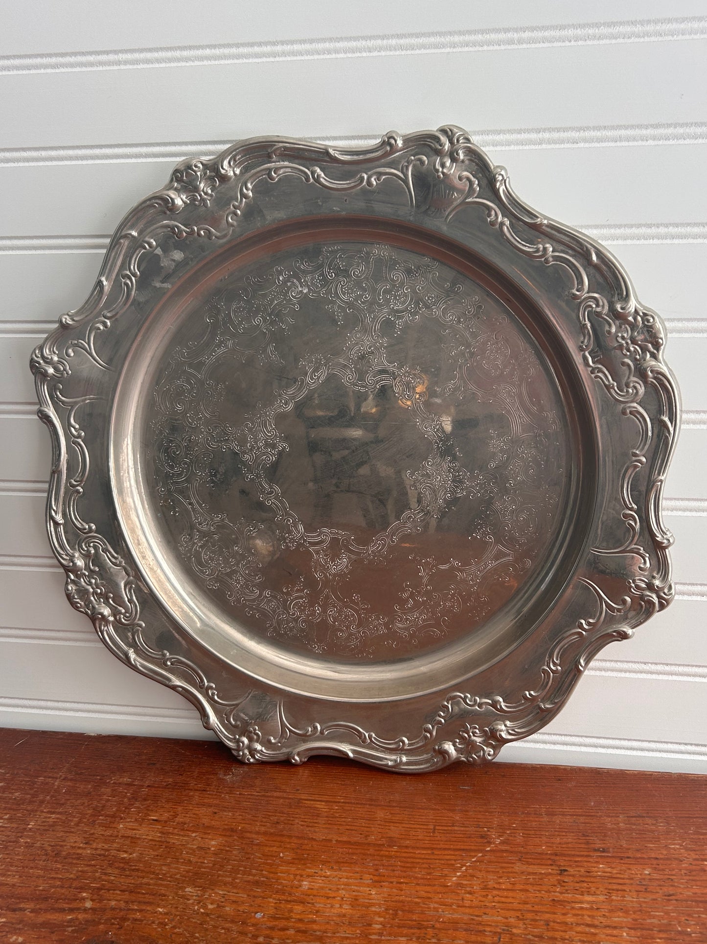 Antique Gorham Silver-Plated Vanity Tray | Ornate Floral Rim | 15.25” Vintage Brass Tray