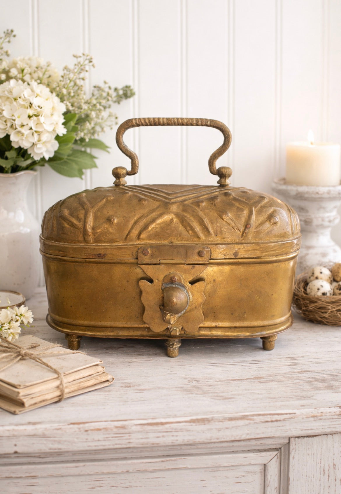 Antique Brass Cricket Box with Pierced Cross Motifs
Large Lidded Incense or Curio Box