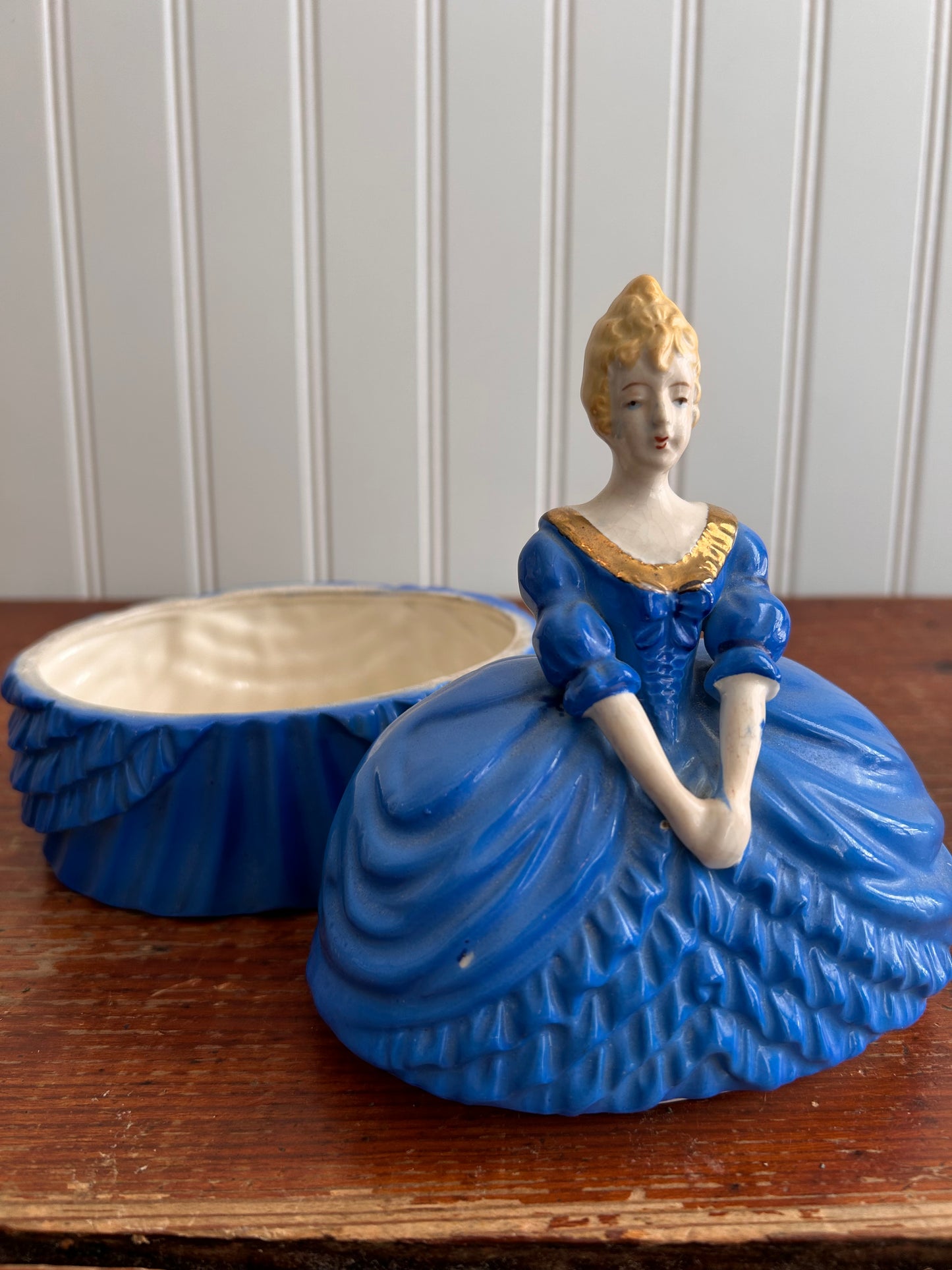 Vintage Blue Porcelain Lady Trinket Box | Made in Japan