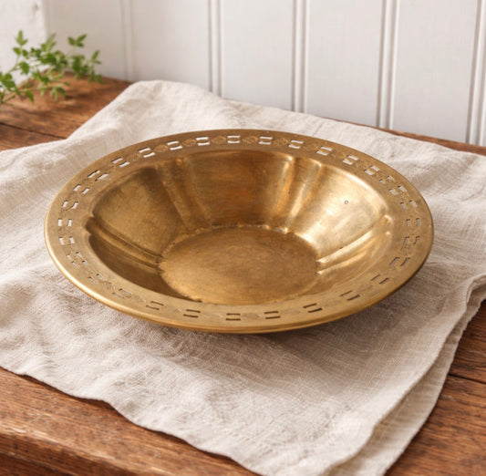 Vintage Pierced Brass Bowl – 8.75” Decorative Cottage Style Centerpiece