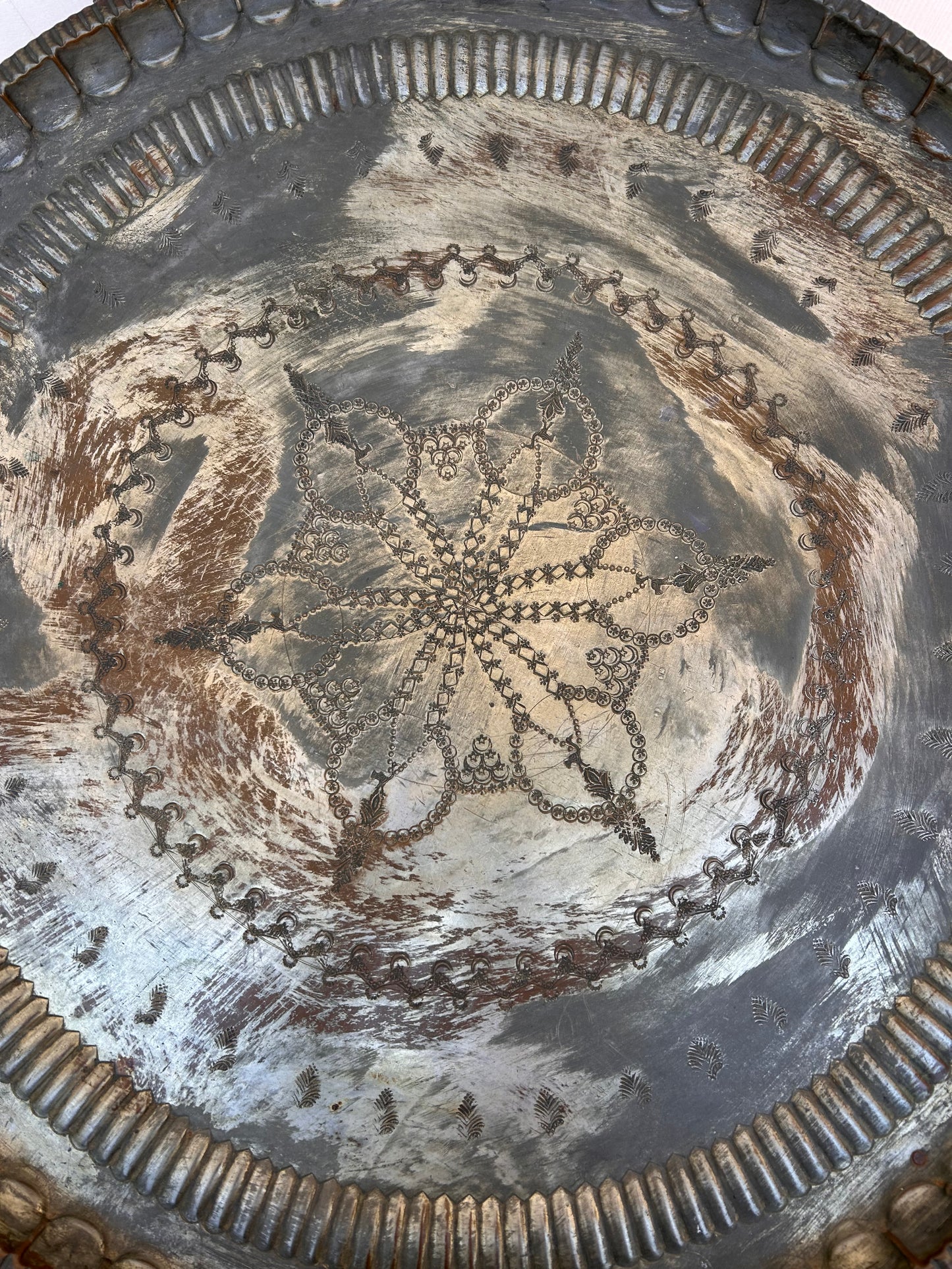 Antique Copper Tray Table with Carved Folding Wood Base