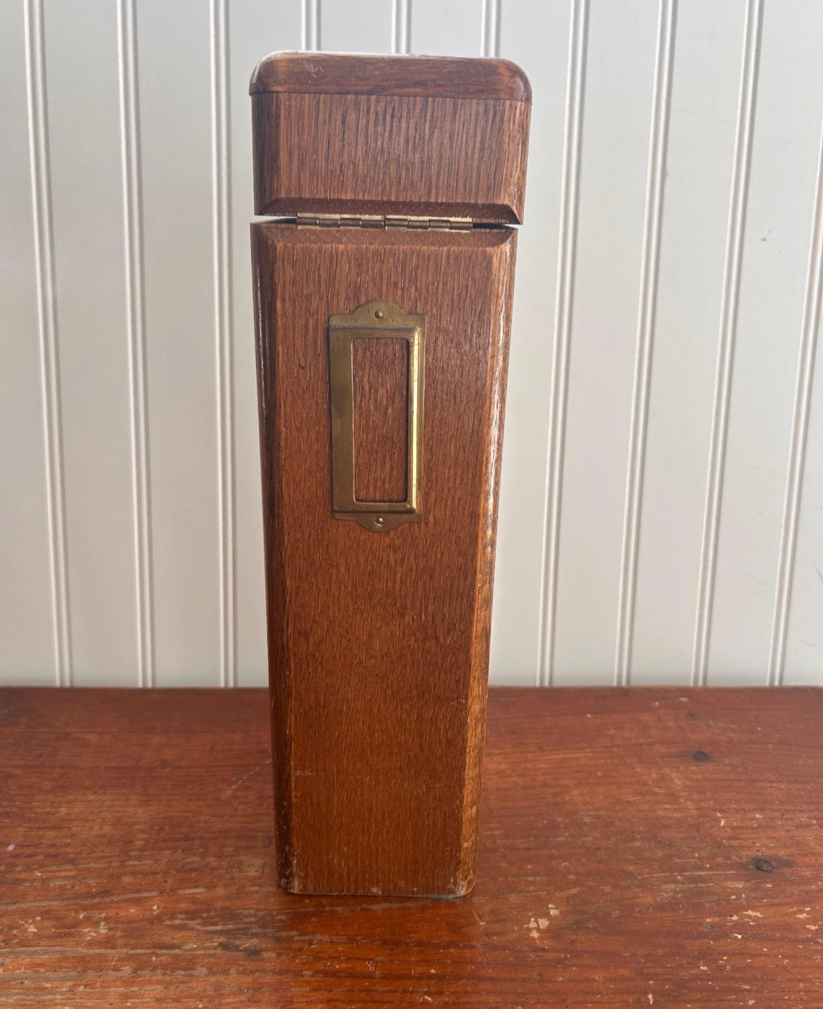 Vintage Wooden Lion Head Match Holder Box – Tall Fireplace Storage with Brass Ring Hardware