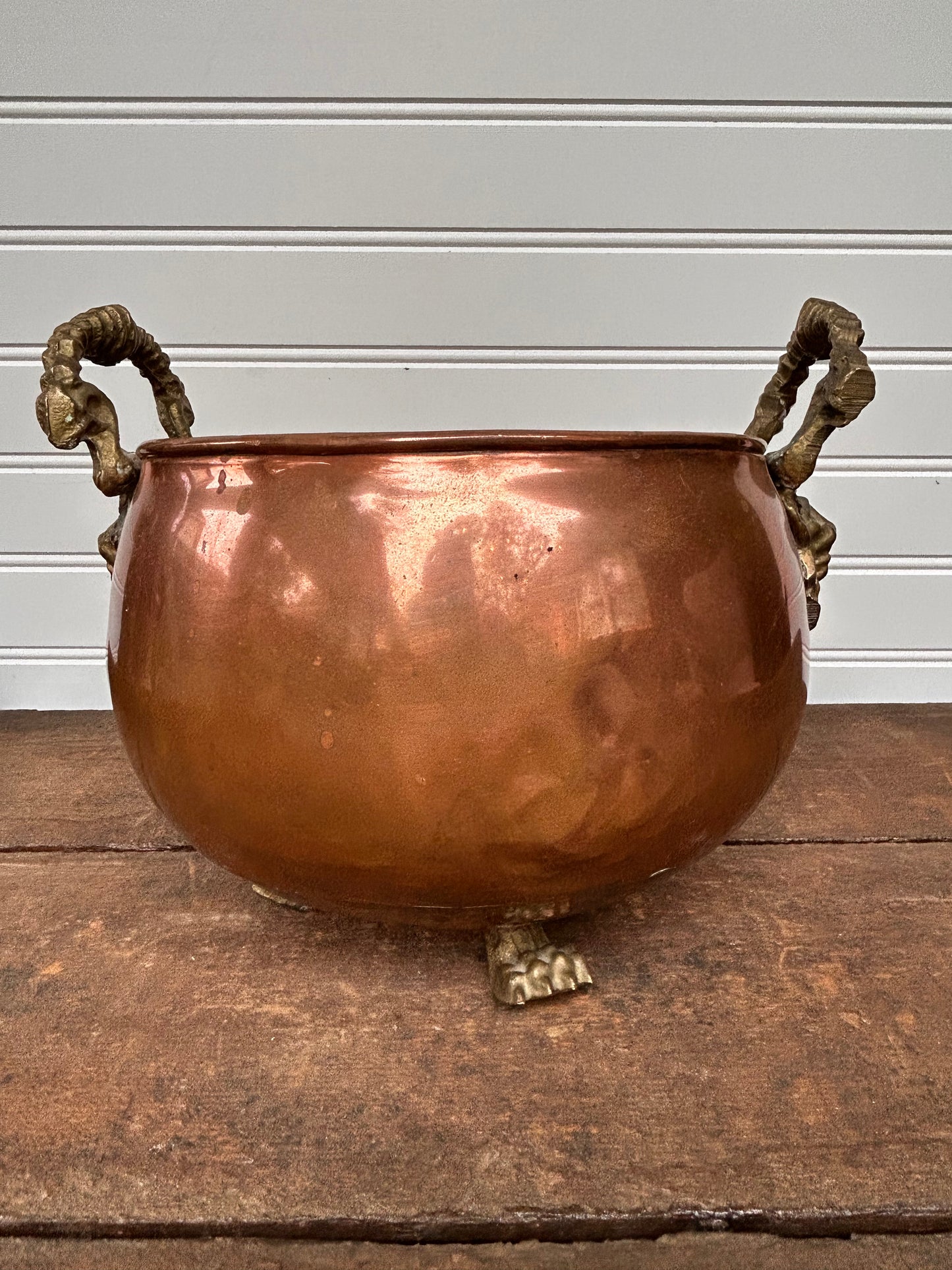 Antique Copper Cachepot with Brass Lion Handles