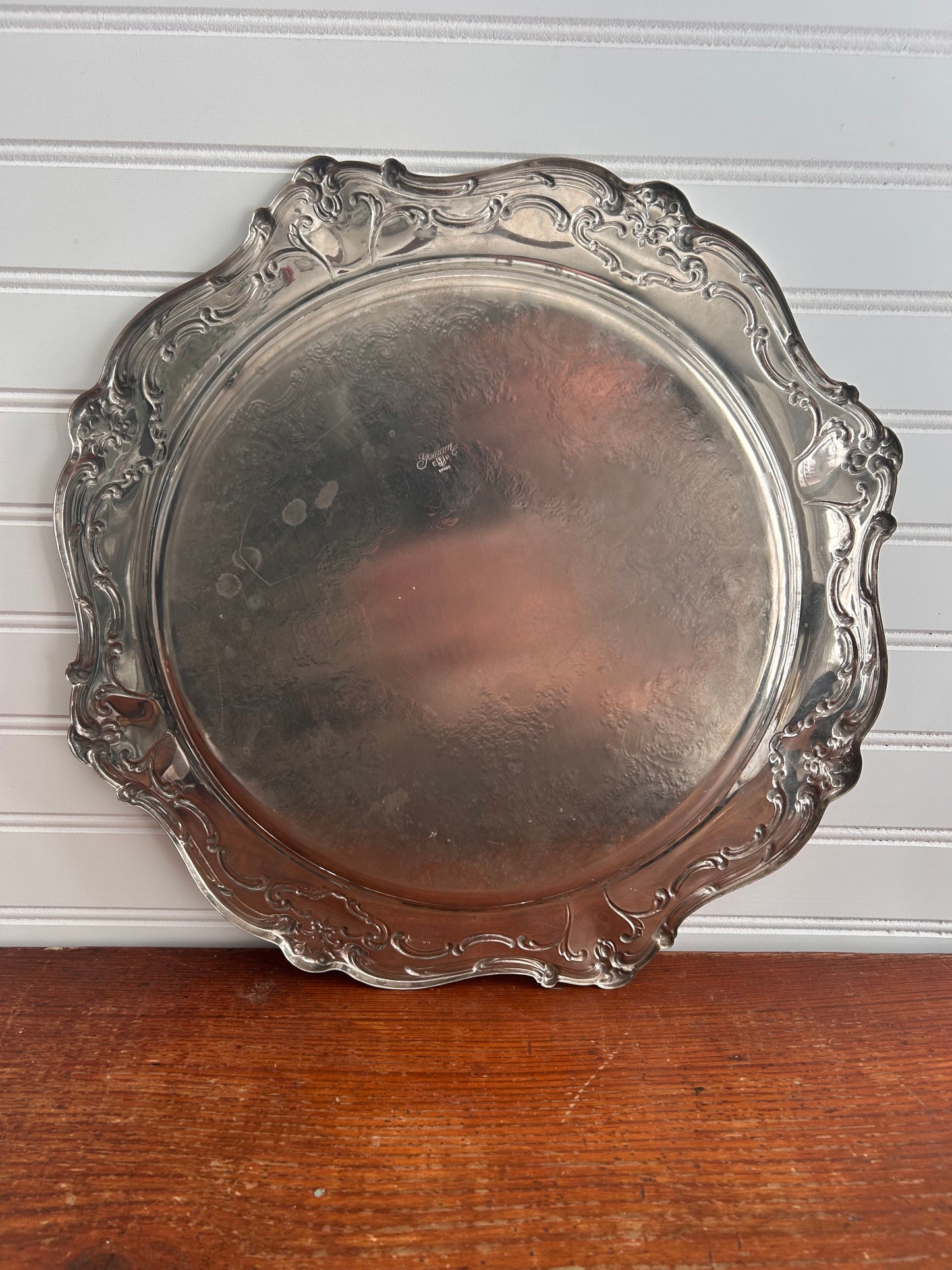Antique Gorham Silver-Plated Vanity Tray | Ornate Floral Rim | 15.25” Vintage Brass Tray