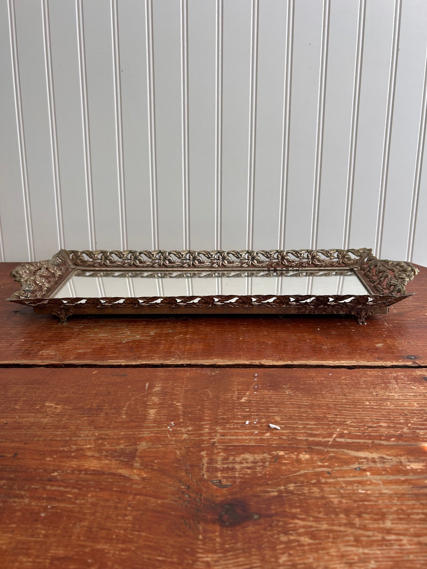 Antique Footed Vanity Mirror | Ornate Frame | 20.25” x 6.75”