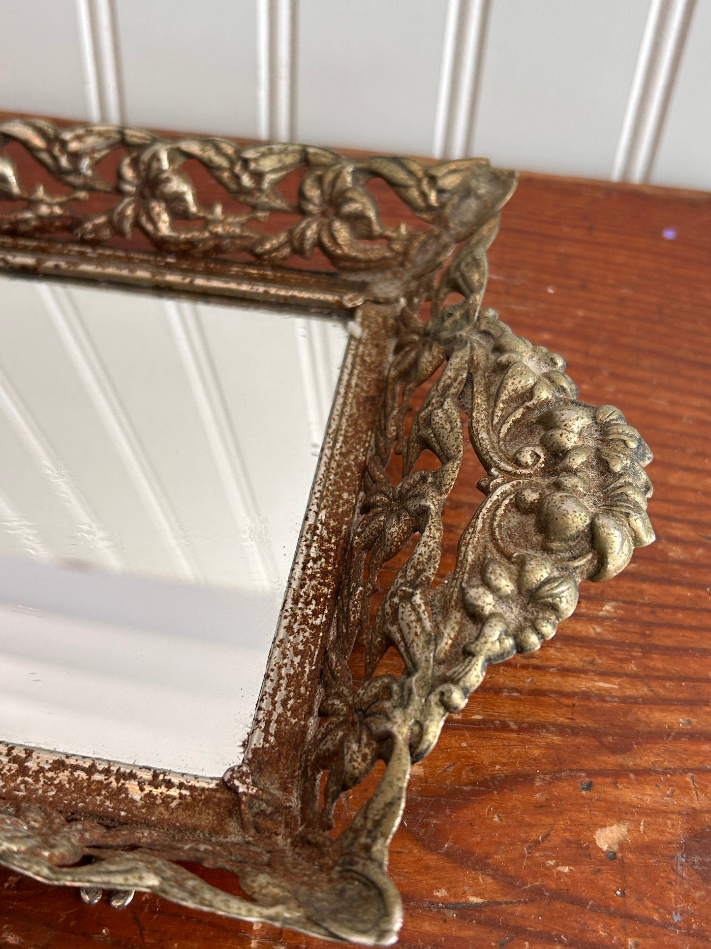 Antique Footed Vanity Mirror | Ornate Frame | 20.25” x 6.75”