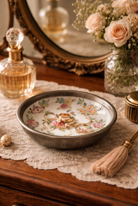 Vintage Floral Porcelain Dish with Pewter Wrap