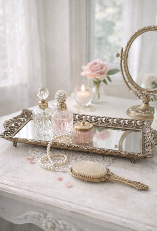 Antique Footed Vanity Mirror | Ornate Frame | 20.25” x 6.75”