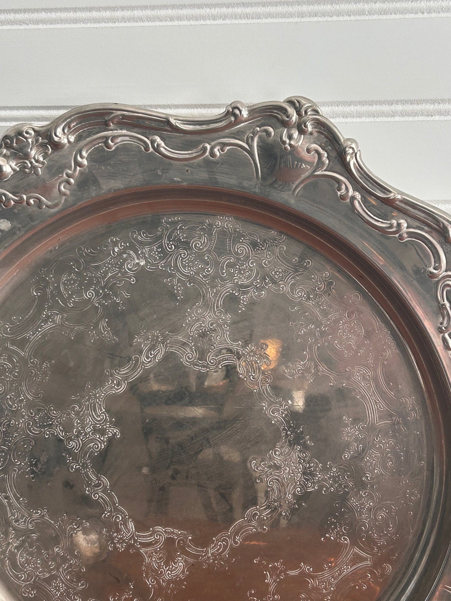 Antique Gorham Silver-Plated Vanity Tray | Ornate Floral Rim | 15.25” Vintage Brass Tray