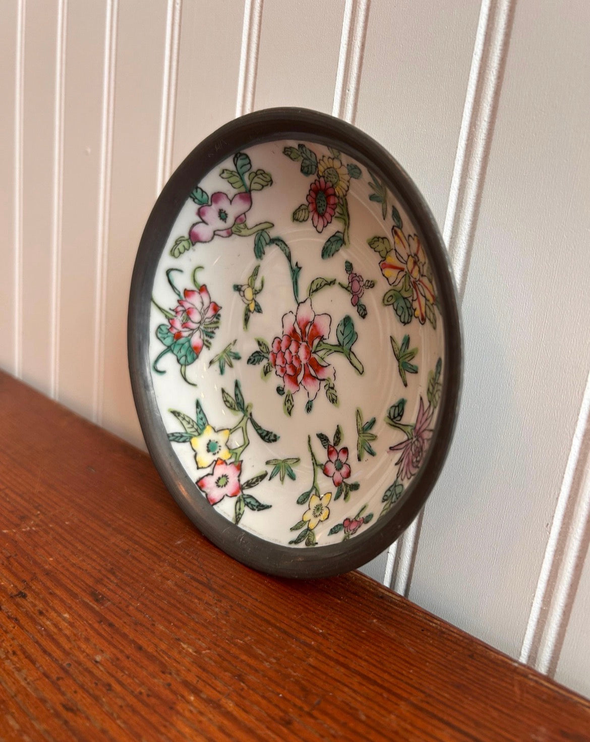 Vintage Floral Porcelain Dish with Pewter Wrap