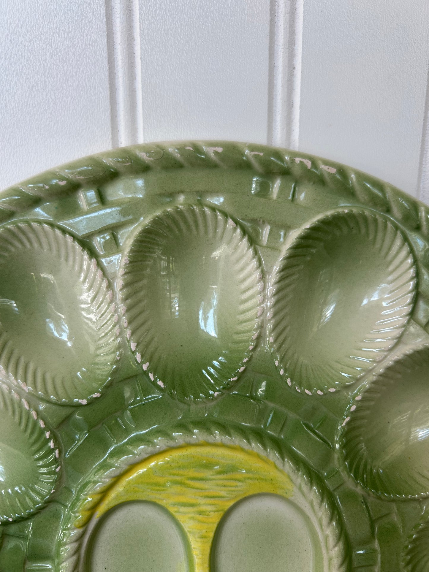 Vintage Japanese Ceramic Deviled Egg Plate – 11” Green Glaze