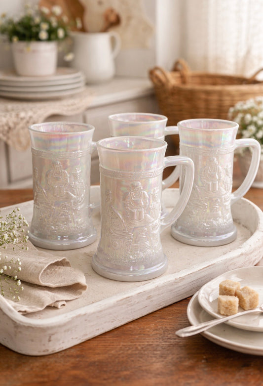 Vintage Federal Iridescent Milk Glass Mugs | Set of Four