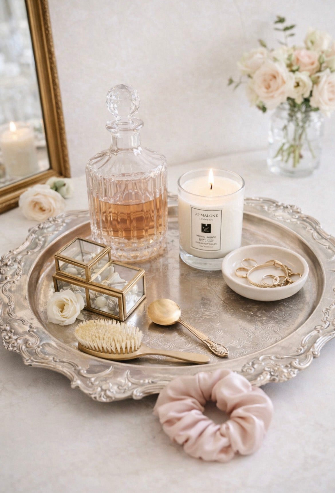Antique Gorham Silver-Plated Vanity Tray | Ornate Floral Rim | 15.25” Vintage Brass Tray