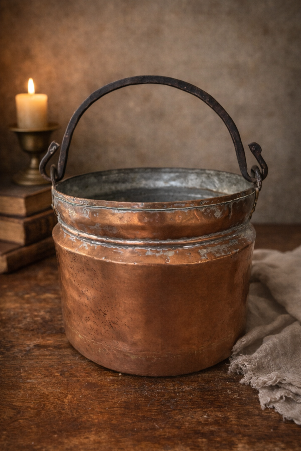 Antique Hand-Forged Copper Cauldron with Iron Handle
