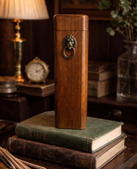 Vintage Wooden Lion Head Match Holder Box – Tall Fireplace Storage with Brass Ring Hardware
