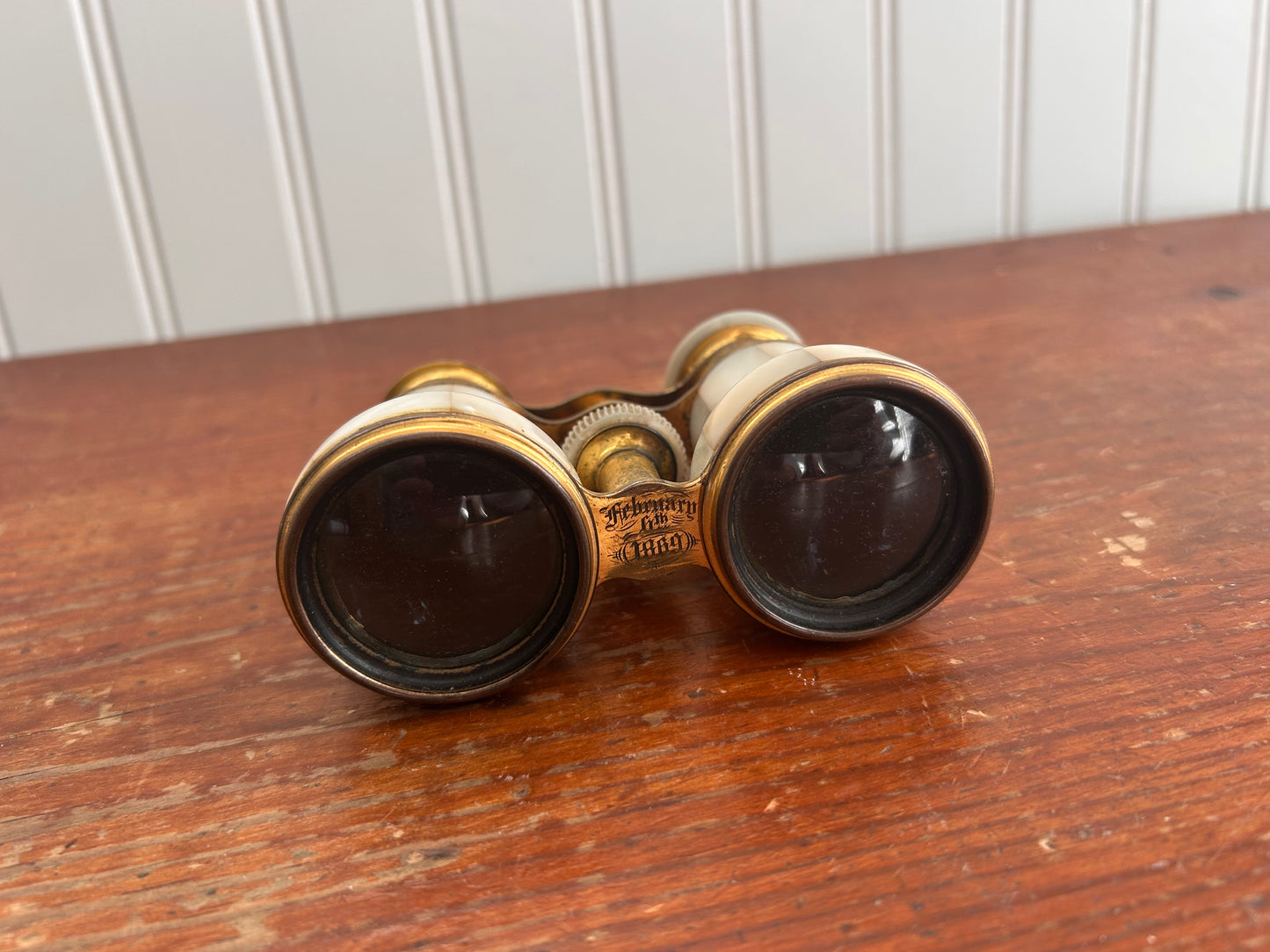 Antique Engraved Opera Glasses – Mother of Pearl & Brass – Dated February 6, 1869 – Victorian Collectible