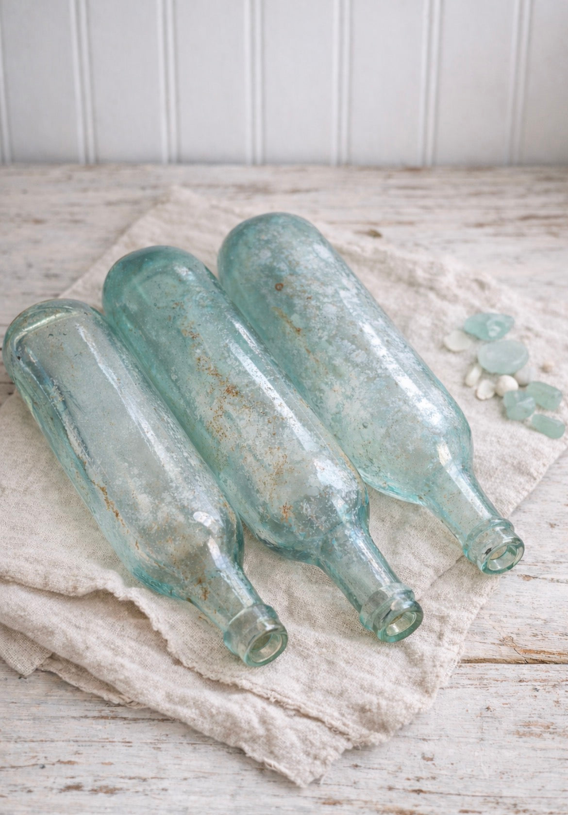 Antique Aqua Torpedo Bottles – Set of 3 – Round Bottom Dug Glass, 10”