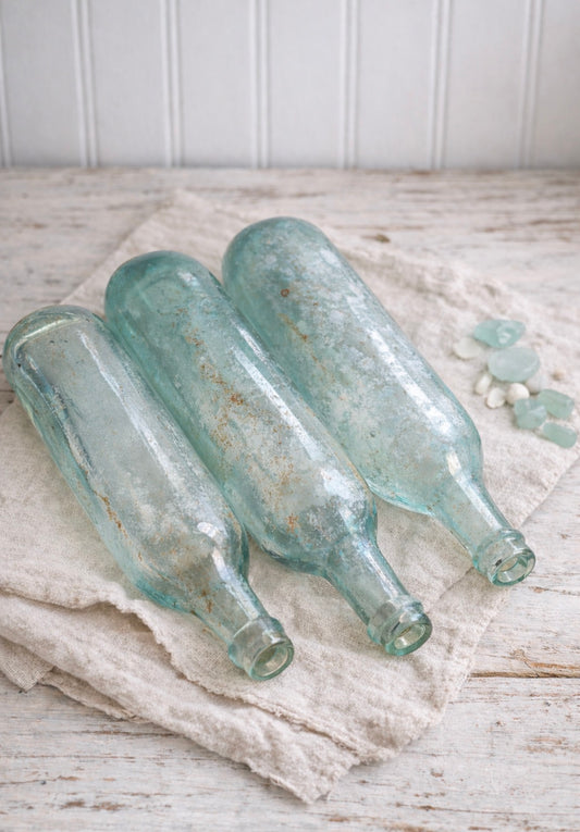 Antique Aqua Torpedo Bottles – Set of 3 – Round Bottom Dug Glass, 10”