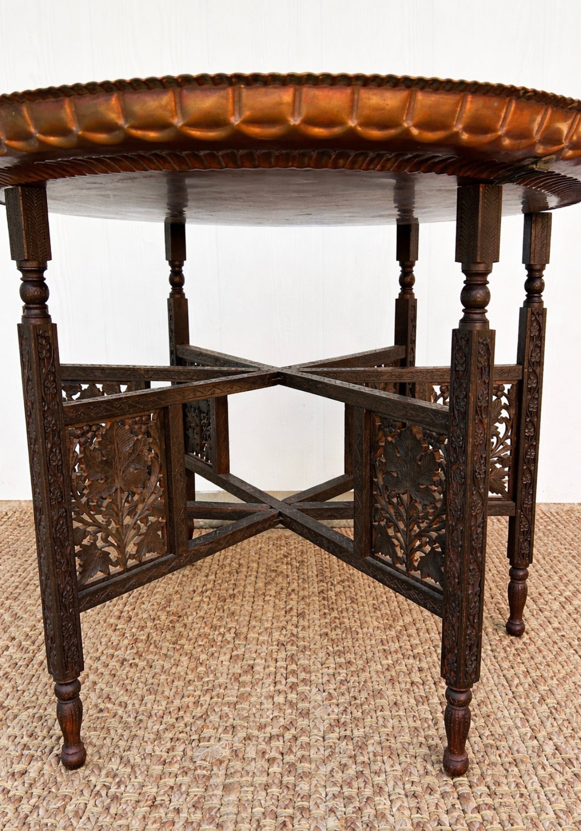 Antique Copper Tray Table with Carved Folding Wood Base