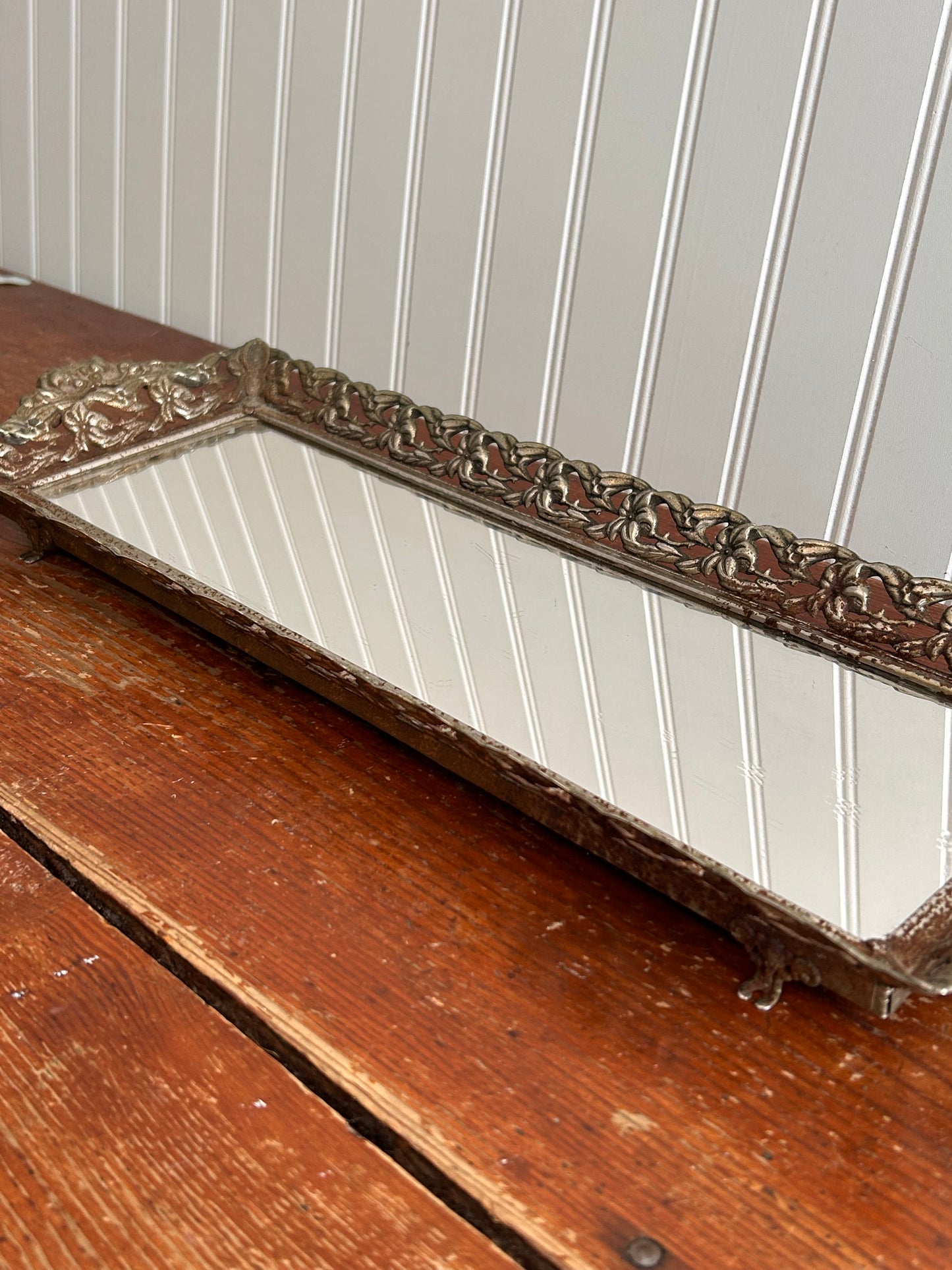 Antique Footed Vanity Mirror | Ornate Frame | 20.25” x 6.75”