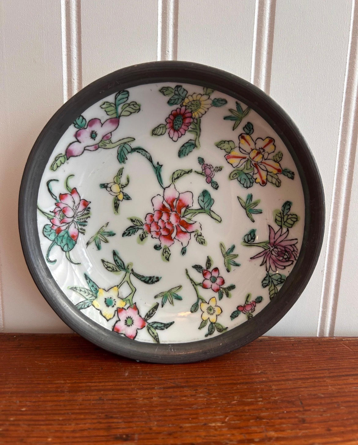 Vintage Floral Porcelain Dish with Pewter Wrap