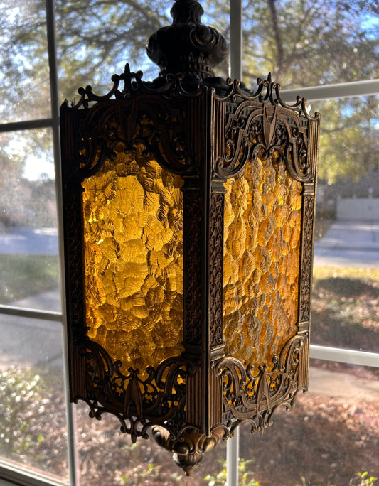 Ornate Amber Glass Hanging Lantern Pendant | Antique-Style Cast Metal Light Fixture