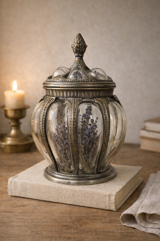 Handblown Glass Bubble Jar Tall Form with Ornate Metal Overlay