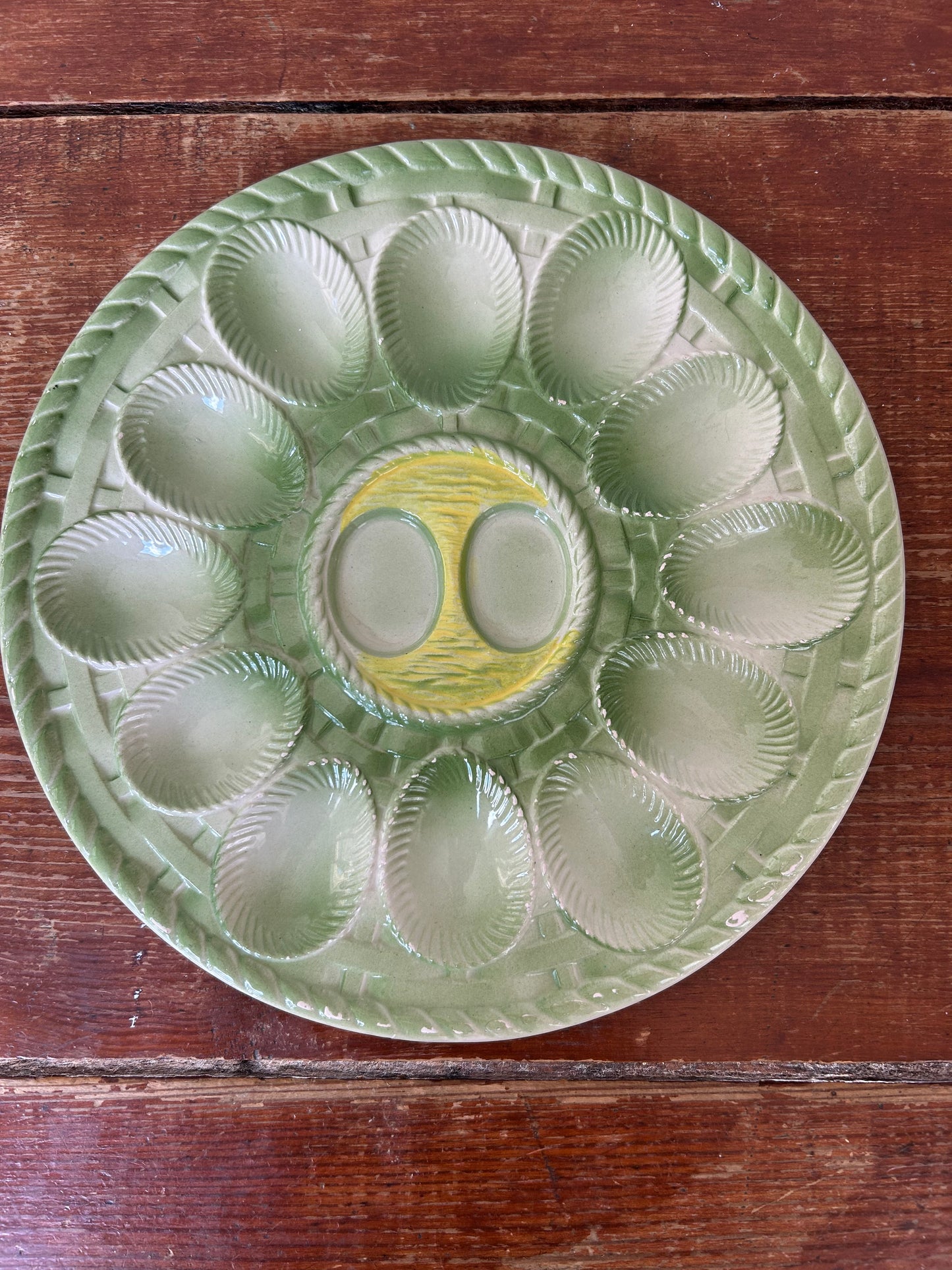 Vintage Japanese Ceramic Deviled Egg Plate – 11” Green Glaze