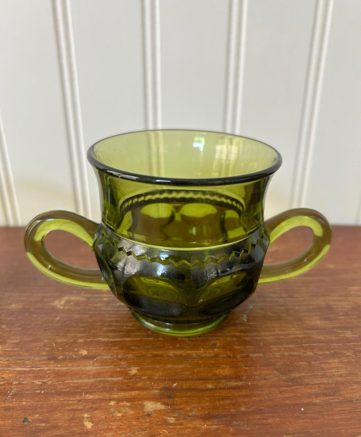 Indiana Glass Kings Crown Thumbprint Sugar & Creamer Set – Vintage Olive Green Pressed Glass