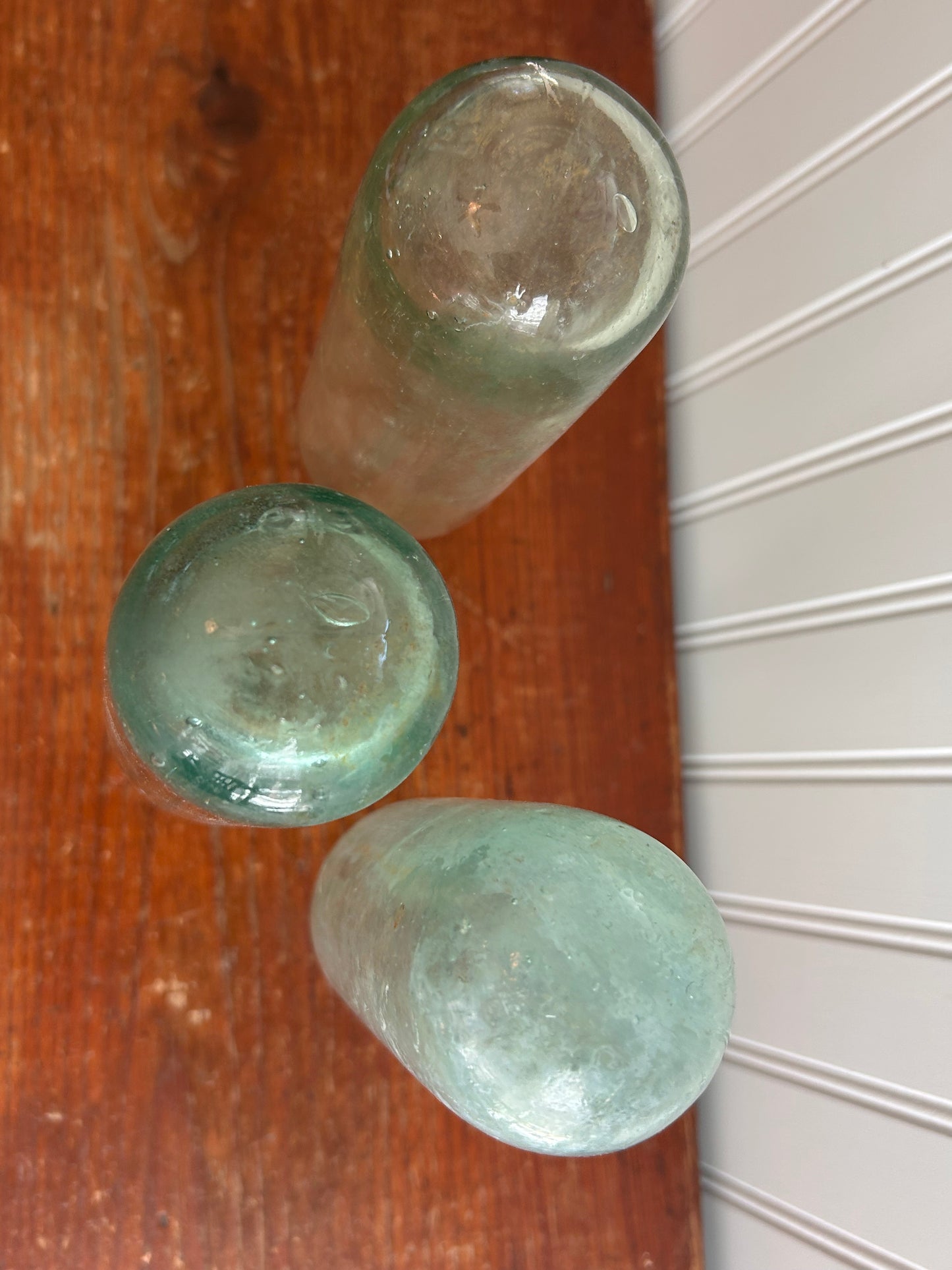 Antique Aqua Torpedo Bottles – Set of 3 – Round Bottom Dug Glass, 10”