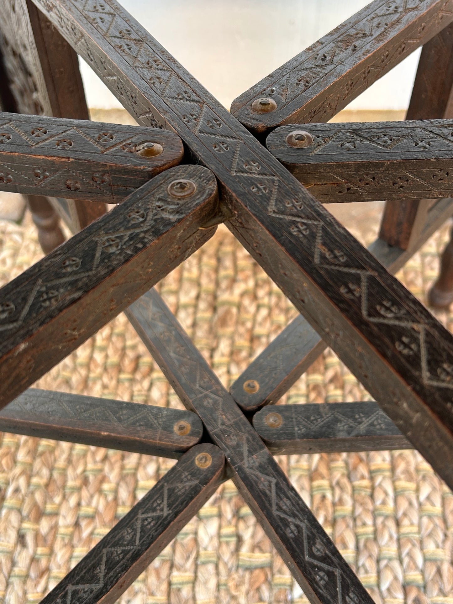 Antique Copper Tray Table with Carved Folding Wood Base