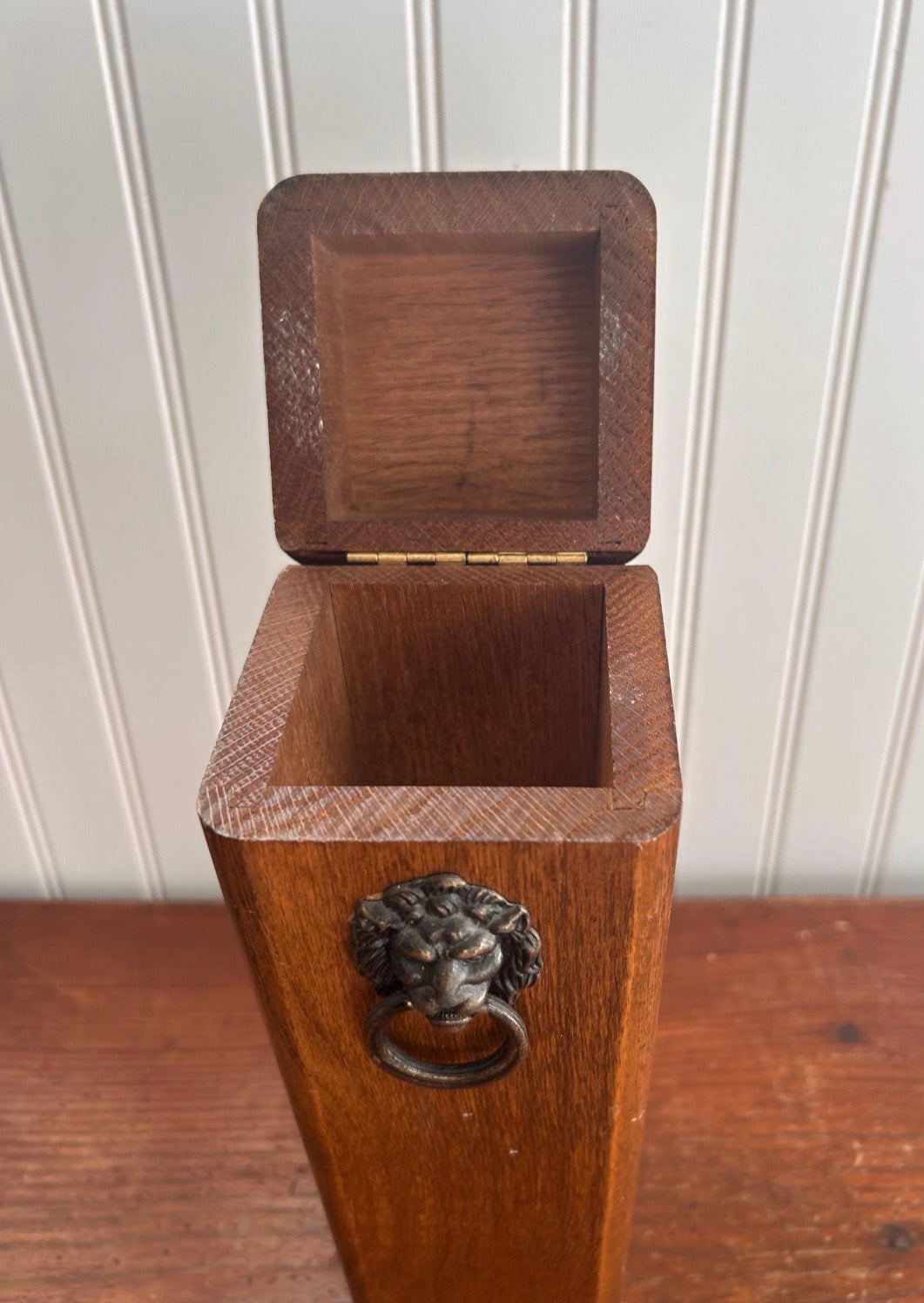 Vintage Wooden Lion Head Match Holder Box – Tall Fireplace Storage with Brass Ring Hardware