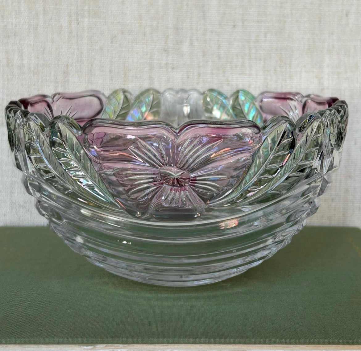 Anna Hütte Rose Petals 24% Lead Crystal Bowl – 8” Iridescent Vintage Glass                                   Only 1 available
