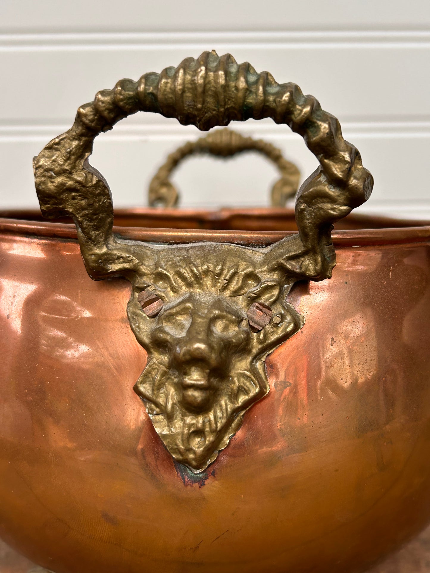Antique Copper Cachepot with Brass Lion Handles