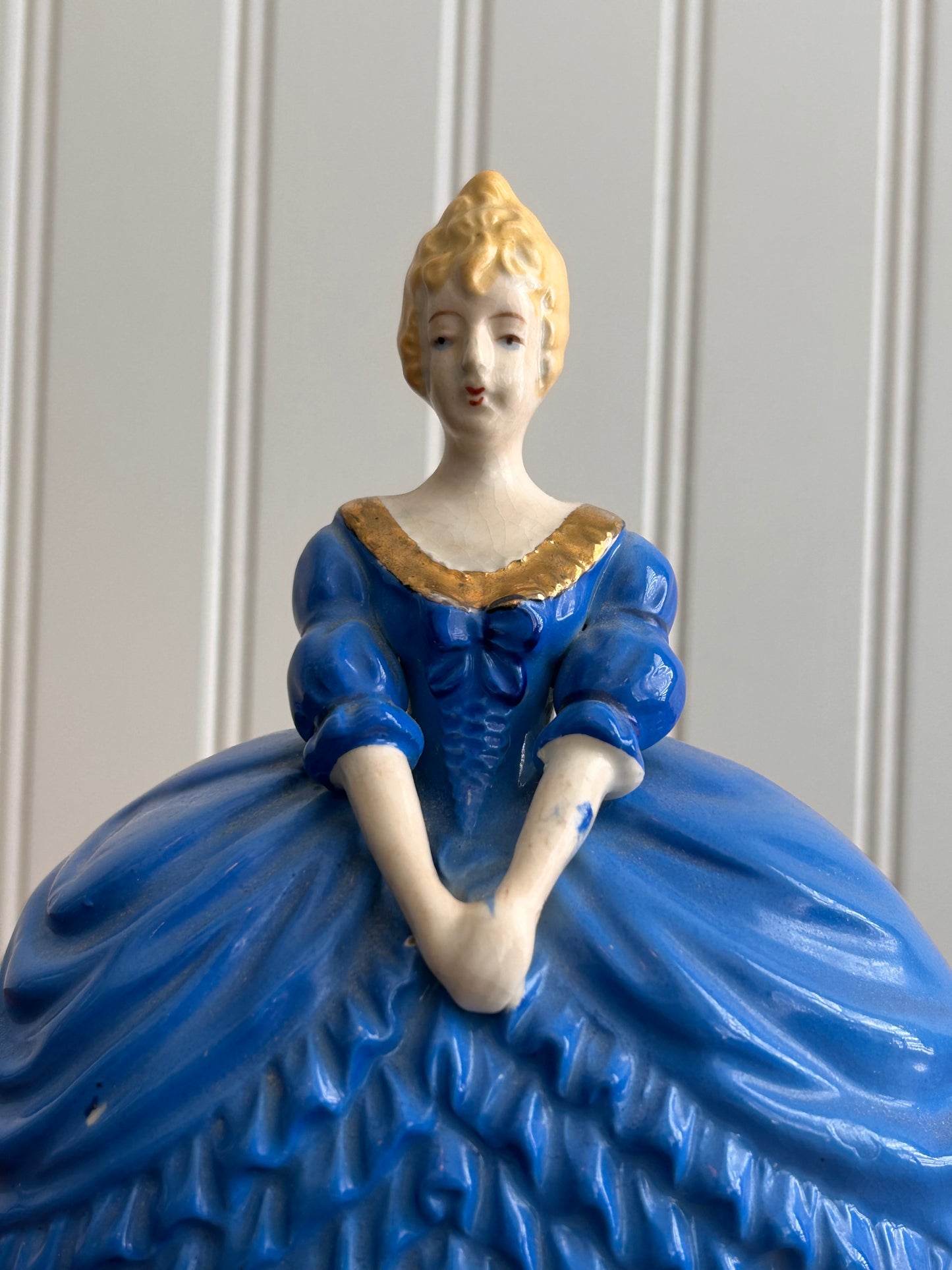 Vintage Blue Porcelain Lady Trinket Box | Made in Japan