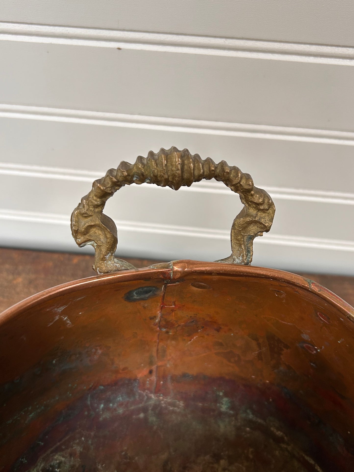 Antique Copper Cachepot with Brass Lion Handles