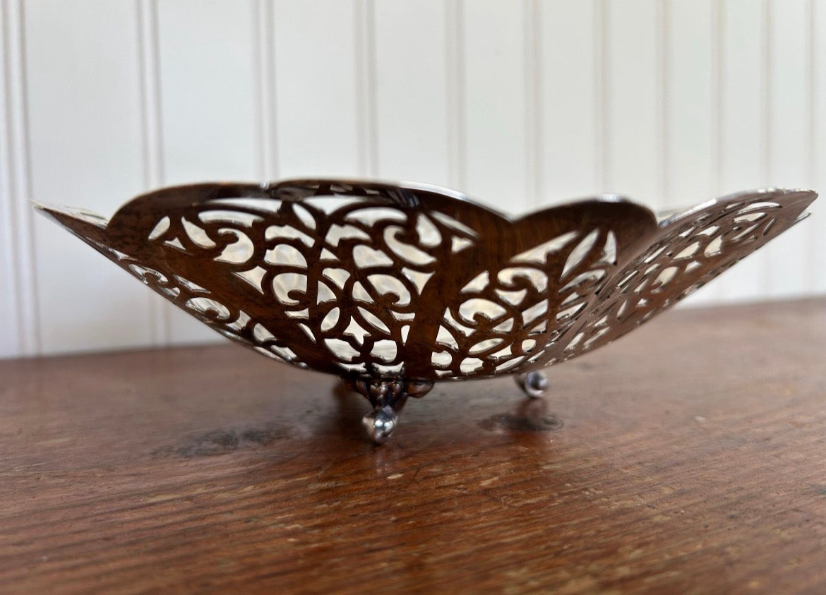 Vintage Silverplate Pierced Love Lace Bowl | Ornate Filigree Vanity Dish