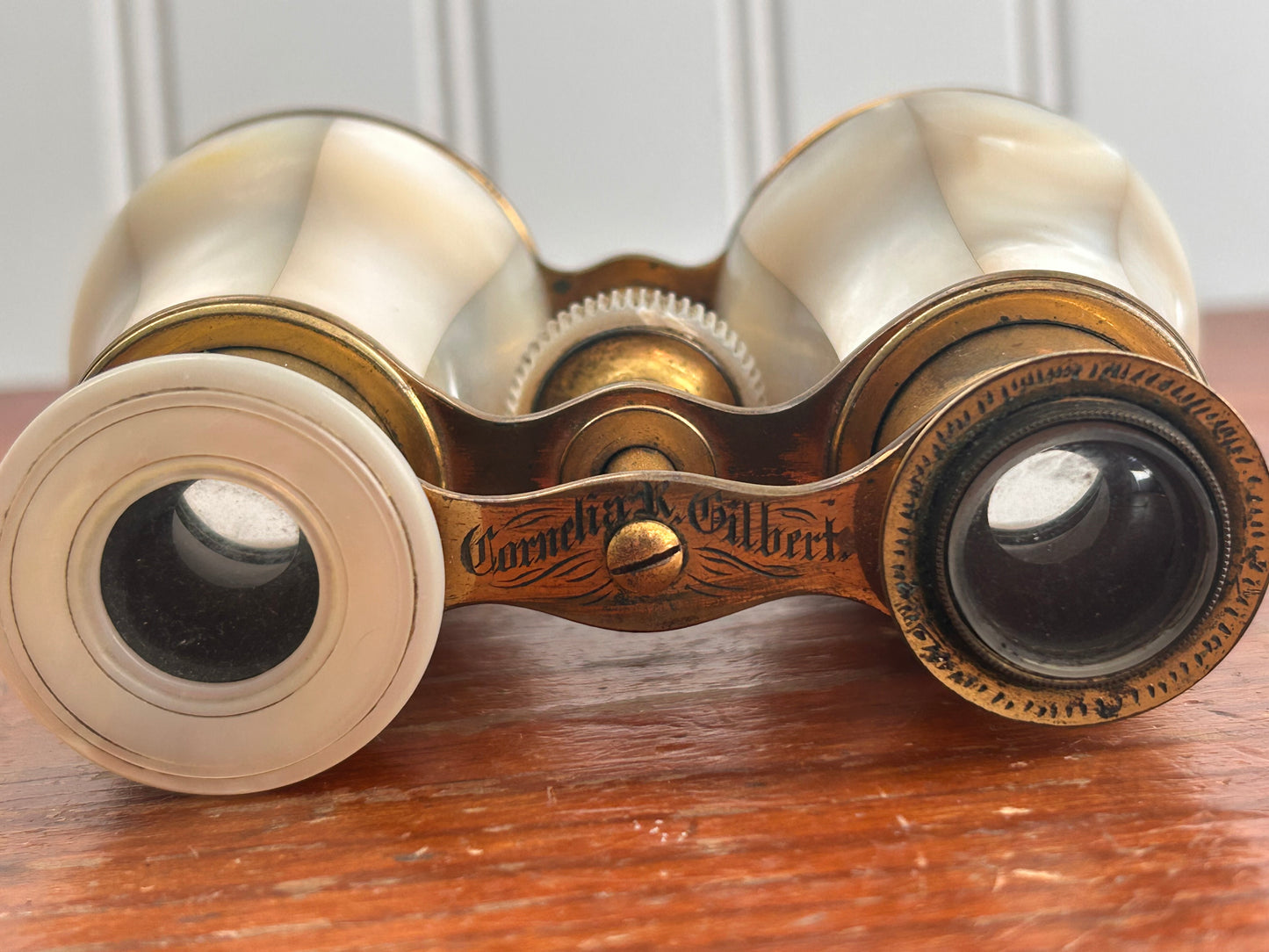 Antique Engraved Opera Glasses – Mother of Pearl & Brass – Dated February 6, 1869 – Victorian Collectible